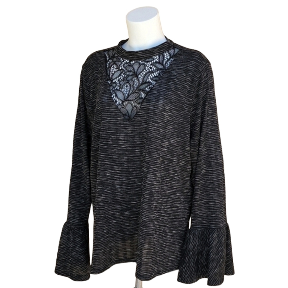Heathered Black Lace Top 2X Bell Sleeve Knit Tunic Plus Size Feminine Flowy - Picture 2 of 16